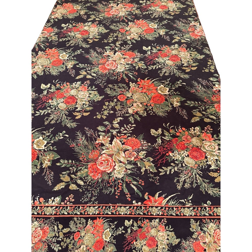 Vintage April Cornell Cotton Tablecloth Merry Black 57x78 Cottage Floral Home